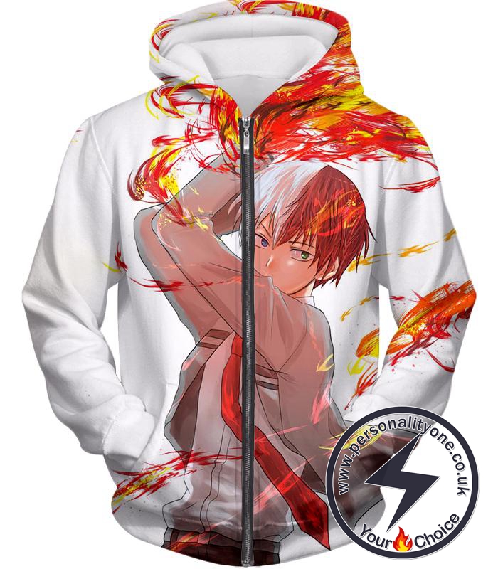 My Hero Academia Ultimate Promo Shoto Todoroki Cool Action White Zip Up Hoodie